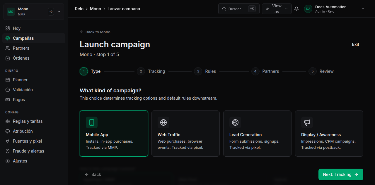 Wizard de lanzamiento de campaña en cuatro pasos