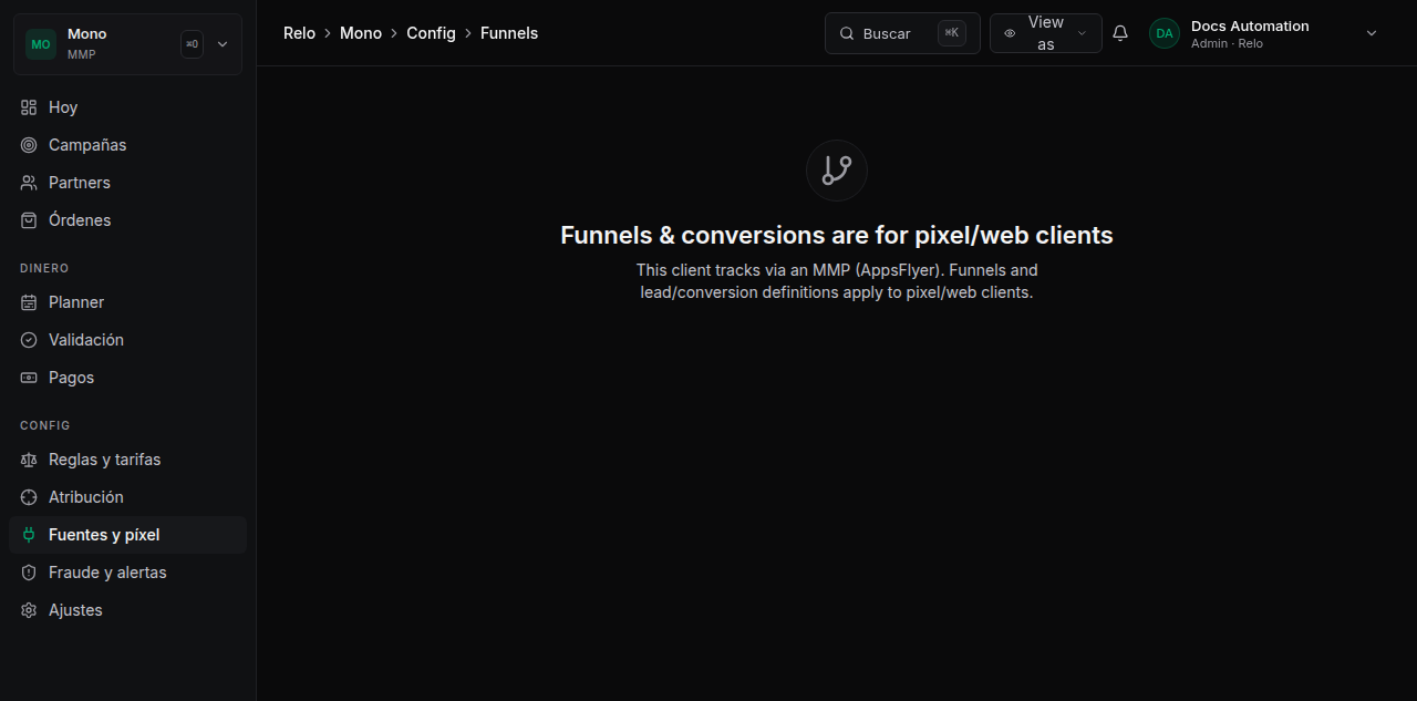 Página de Funnels & Conversions con el constructor de pasos y lista de eventos