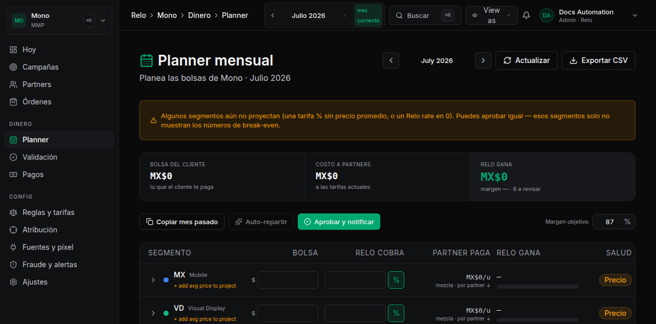 Vista del Monthly Planner con el money-flow hero y tabla de segmentos