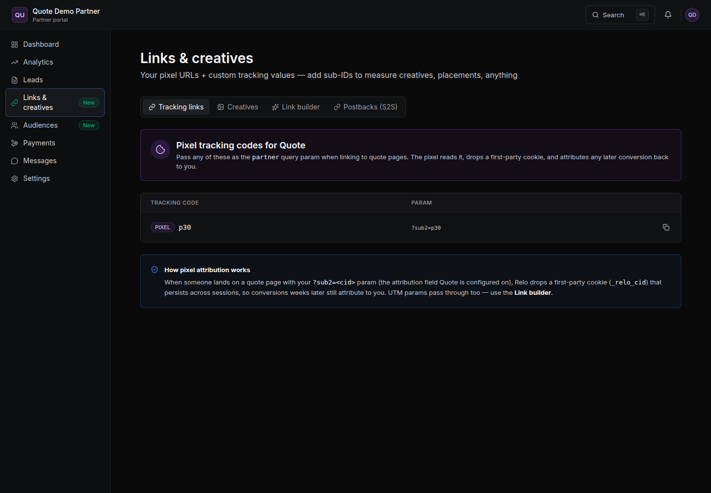 Links and creatives section showing the direct parameter and secure link builder