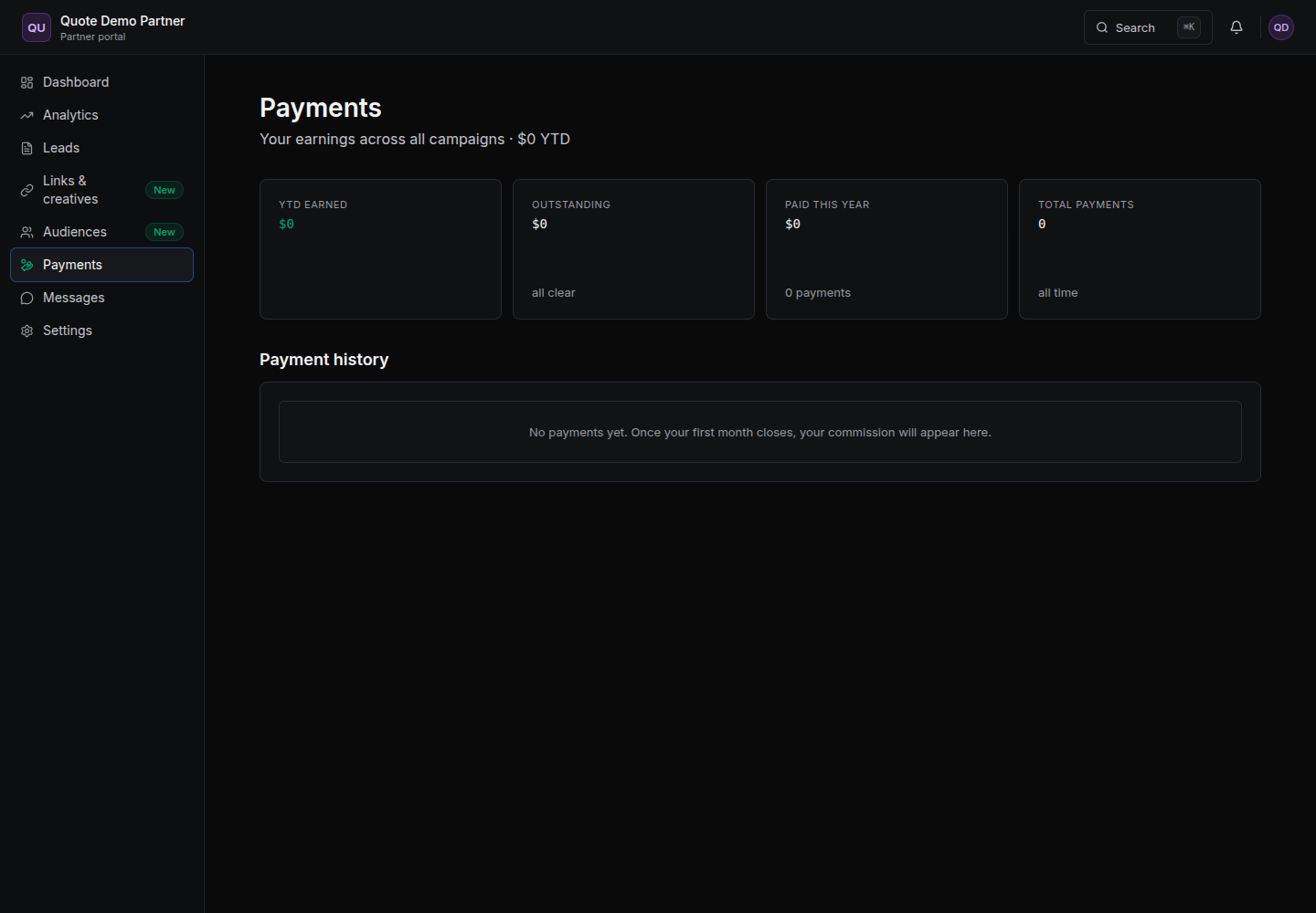 Payments tab showing YTD earned, outstanding, paid this year and payment history