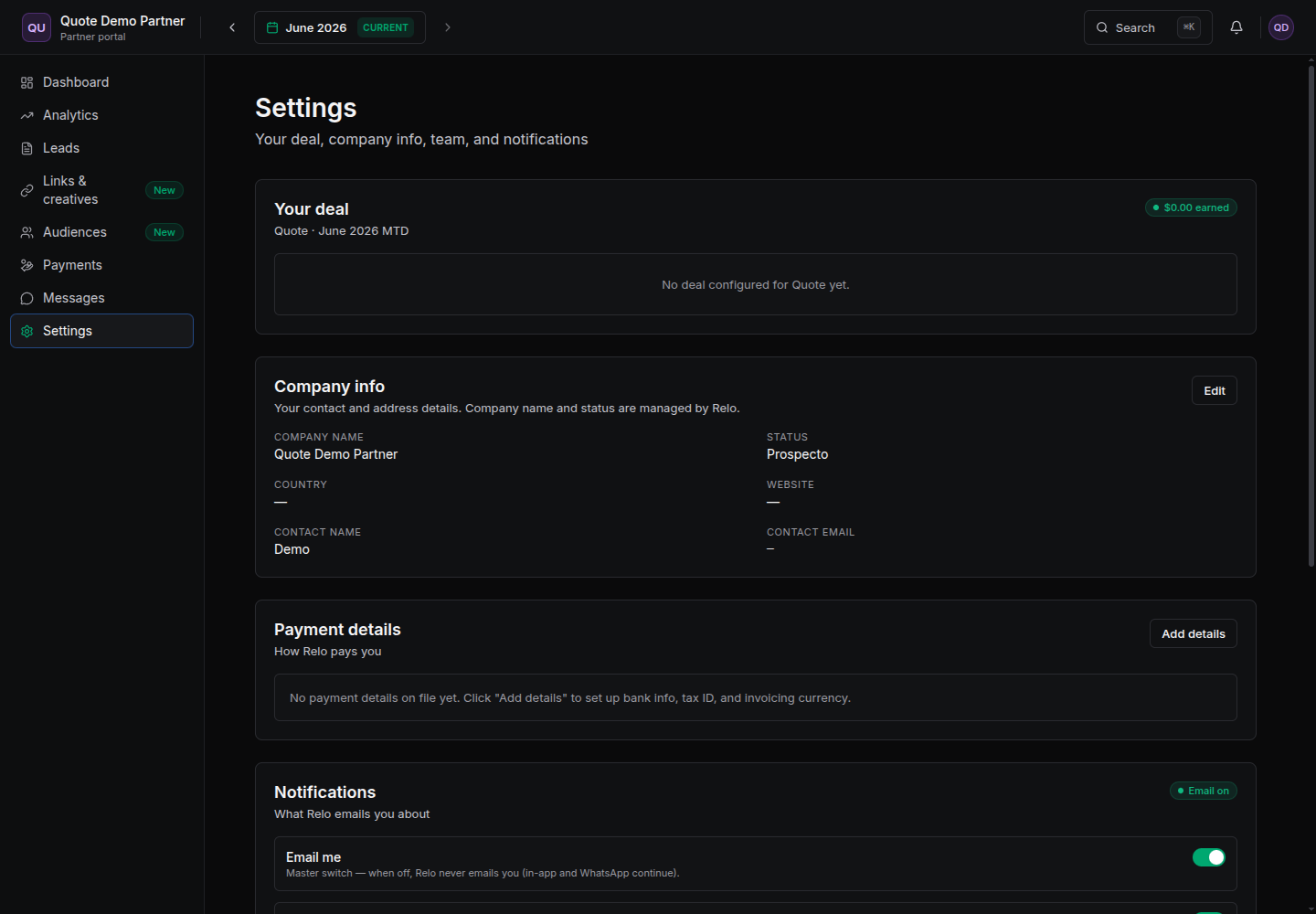 Settings page with deal, company info, payment details and notification toggles