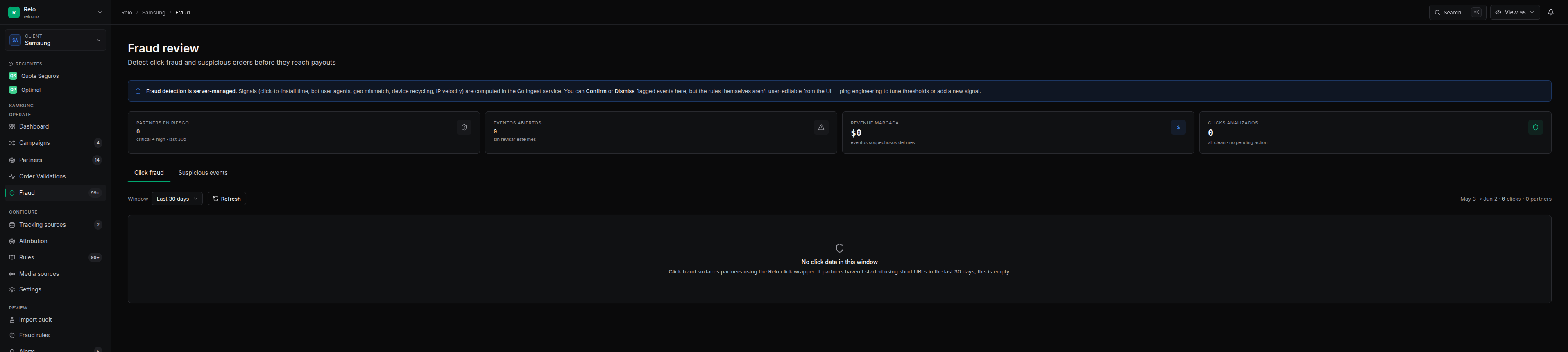 Fraud review queue listing suspicious events flagged by the detection engine