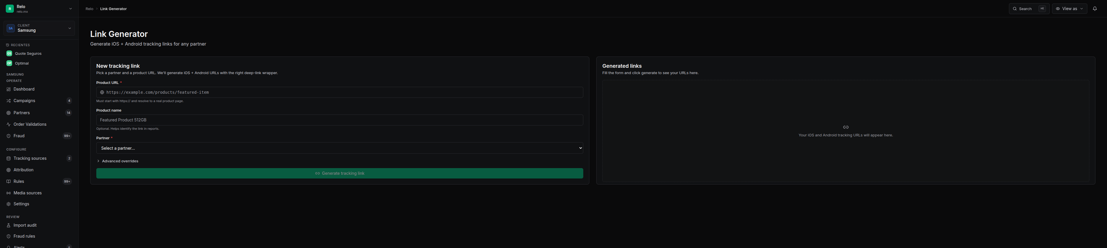 Link Generator with partner picker, product URL field and generated iOS and Android links