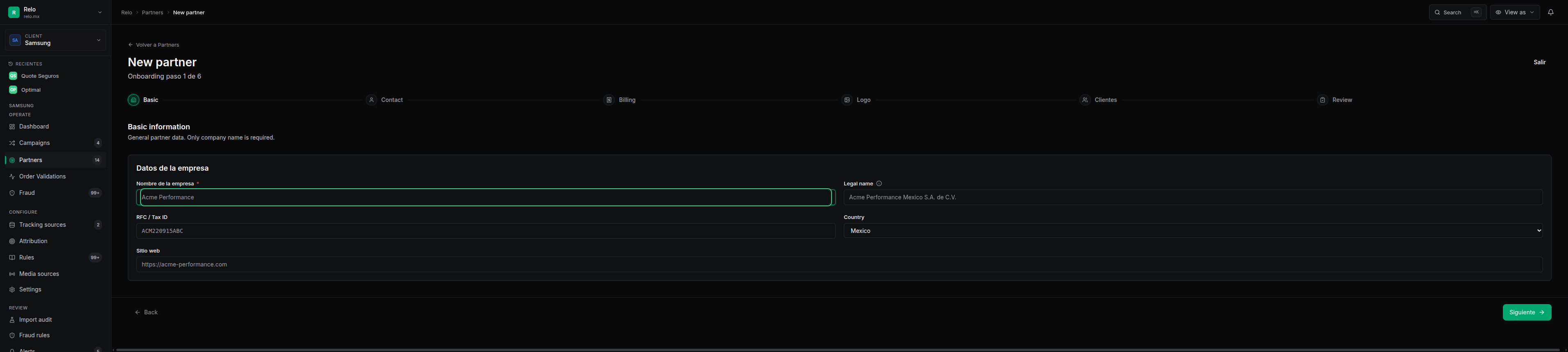Partner step of the onboarding wizard — create or link a partner and set attribution values