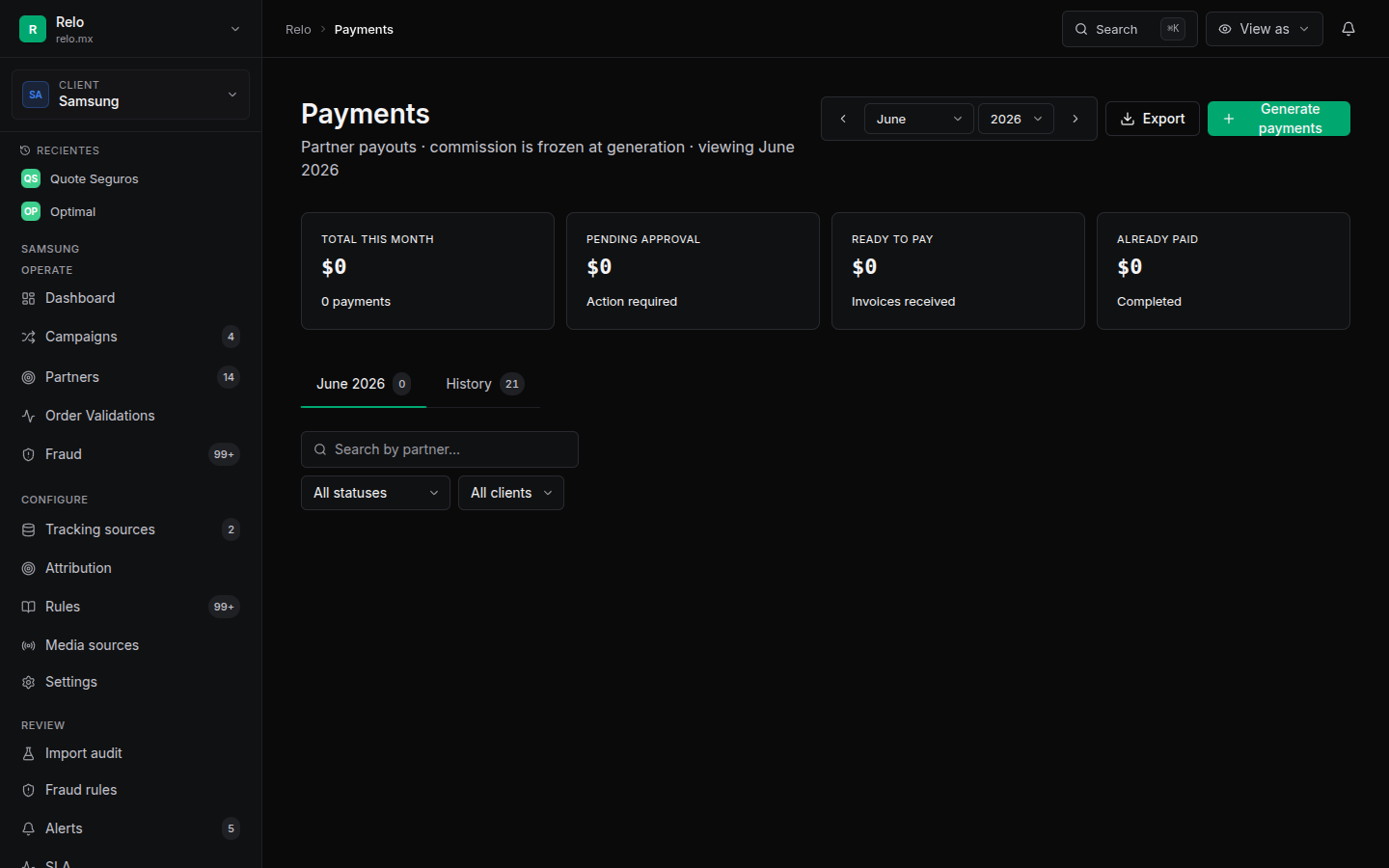 Payments view with monthly generation, approval and payment status flow