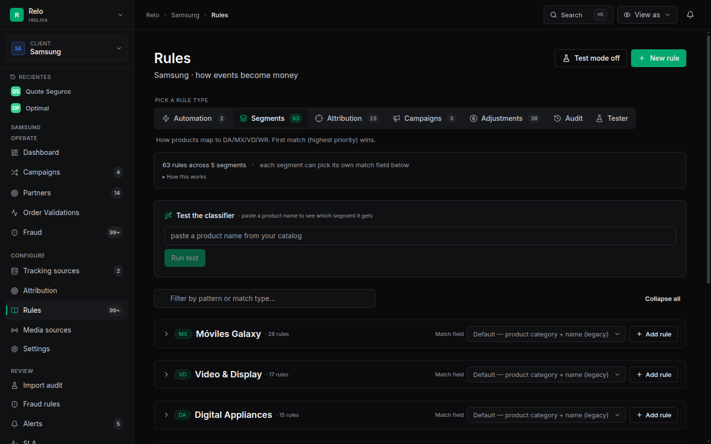 Rules engine with surface picker, rate and budget overrides