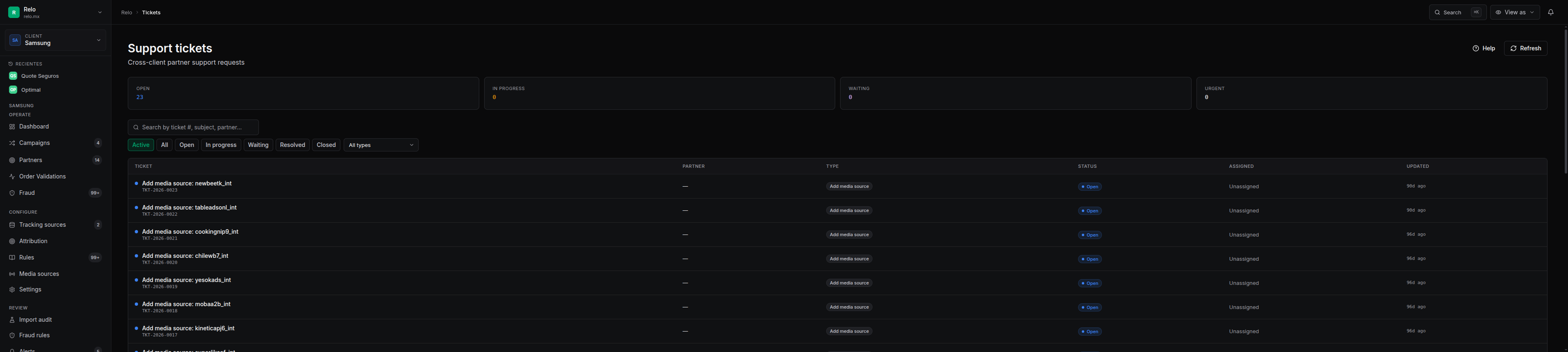 Admin support ticket queue with type, status and assignment